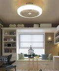 Ceiling Fan RGB 18 Inch Remote Controlled Low Profile Soundless Bladeless mounted in a modern living room setting.