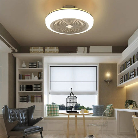Ceiling Fan RGB 18 Inch Remote Controlled Low Profile Soundless Bladeless mounted in a modern living room setting.