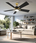 52 Inch Modern Black Gold Ceiling Fan With Led Light Remote And Smart App Control in a stylish living room setting.