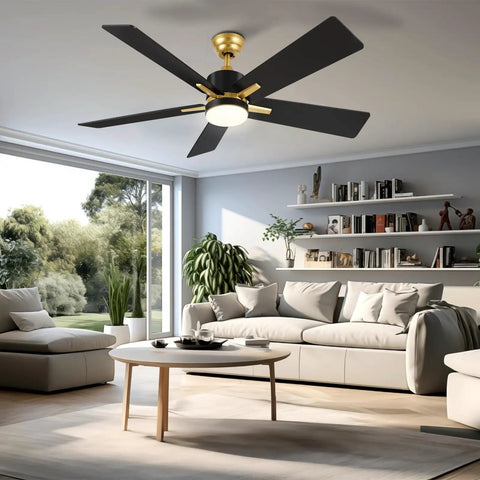 52 Inch Modern Black Gold Ceiling Fan With Led Light Remote And Smart App Control in a stylish living room setting.