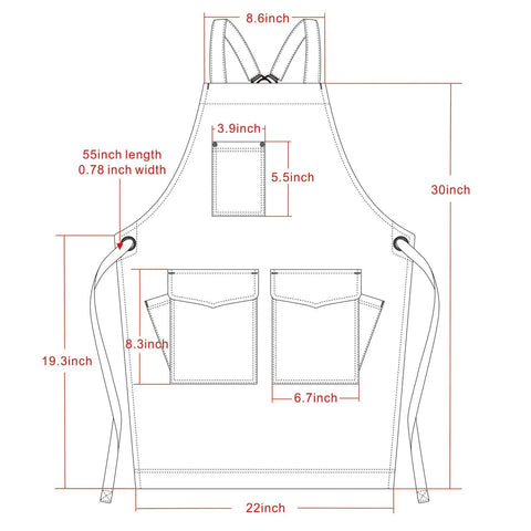 Technical drawing of Denim Tool Shop Apron For Hairstylists With Five Pockets, Cross Back Straps, Adjustable From S To M dimensions