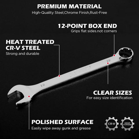 15 Piece Metric Combination Wrench Set 8mm To 22mm Chrome Vanadium Steel With Tough As Nails Coating shown with polished surface and clear size markings.