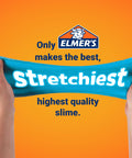 Hands stretching blue slime with Elmer's logo and text promoting quality, ideal for Liquid School Glue For Slime And Crafts Safe Non Toxic Washable White Glue 4 Ounce Bottles 12 Count Great For Classrooms Homes Offices Kid Friendly Arts Projects