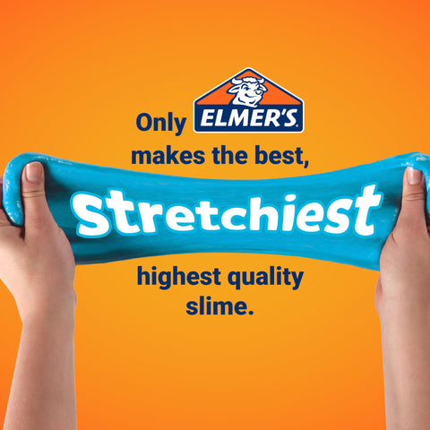 Hands stretching blue slime with Elmer's logo and text promoting quality, ideal for Liquid School Glue For Slime And Crafts Safe Non Toxic Washable White Glue 4 Ounce Bottles 12 Count Great For Classrooms Homes Offices Kid Friendly Arts Projects