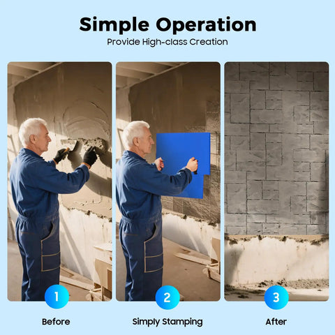 Man demonstrating the 4 Piece Concrete Stamp Mats Set 24 By 24 Inches For DIY Stone Texture On Walls And Floors Slate Look PU Molds.