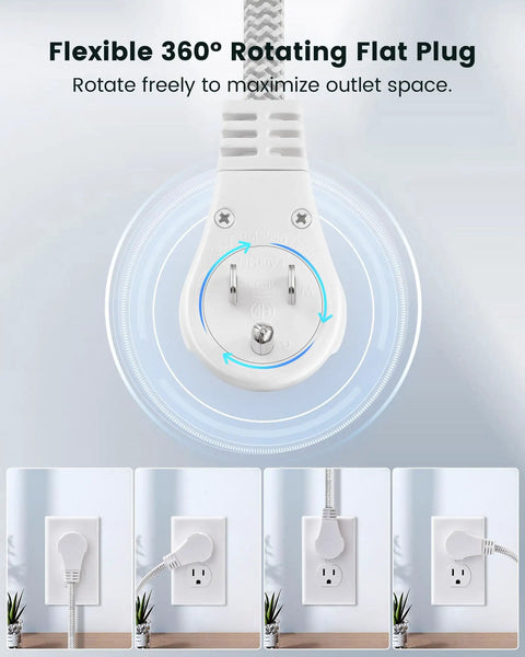 Close-up view of 10 Ft 360 Degree Rotating Flat Plug Extension Cord With Three Outlets, showing rotation and outlet fit.