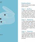 Illustration of motorized disc cleaning and repair kit components for Blu-ray, DVD, and CD with instructions in background.