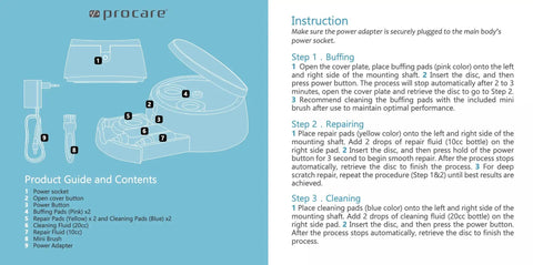 Illustration of motorized disc cleaning and repair kit components for Blu-ray, DVD, and CD with instructions in background.
