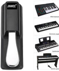 Sustain Pedal For Digital Pianos And Keyboards With Polarity Switch, Built To Last ABS Housing And Chrome Pedals, Works With Yamaha Casio MIDI Keyboards And More, Black highlighted with musical instruments.