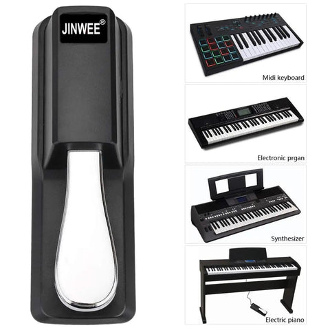 Sustain Pedal For Digital Pianos And Keyboards With Polarity Switch, Built To Last ABS Housing And Chrome Pedals, Works With Yamaha Casio MIDI Keyboards And More, Black highlighted with musical instruments.