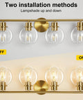 4-Light Over Mirror Bathroom Vanity Light With Clear Glass Globe Shades, 29.5 Inch Black Wall Sconce For Bath, brass fixture off and on