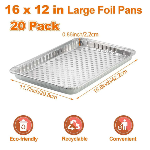 20 Pack Aluminum Foil Pans 16 By 12 Inch Large Disposable Bakeware with perforated bottom for grilling and BBQ use