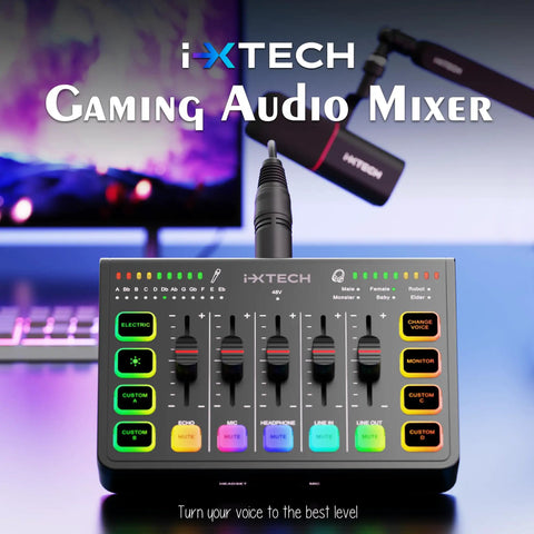 4 Channel Gaming Audio Mixer With RGB Streaming Interface And XLR Microphone Support 48V Phantom Power Built In Equalizer