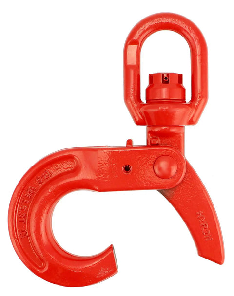 Dead Serious Heavy Duty Grade 80 Swivel Self Locking Hoist Hook With Eleven Thousand Pound Capacity and Rock Solid Drop Forged Steel Body, red color