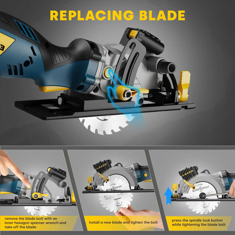 Beast Mini Circular Saw With 5.8 Amp Motor, 4-1/2 Inch Blade Kit shown with blade replacement instructions.