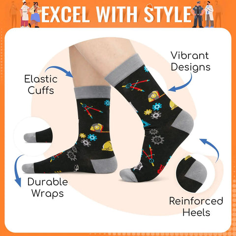 Engineer Socks Gift For Men With Mechanical And Electrical Symbols Such As Gears Pencils Rulers And Hard Hats