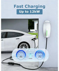 Heavy Duty 16.4 Ft 50A 240V Tesla Charger Extension Cable With Nacs Plug for Model Y X 3 S charging near a wall mount.