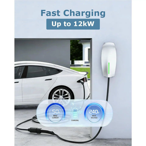 Heavy Duty 16.4 Ft 50A 240V Tesla Charger Extension Cable With Nacs Plug for Model Y X 3 S charging near a wall mount.