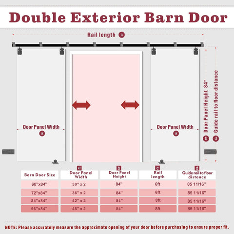 Diagram showing double exterior barn door sizes, with door panel width, height, and rail length for installation guidance.