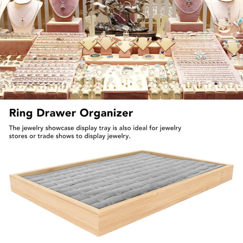 Two Piece Stackable Ring Trays Featuring Slick Grey Velvet Liners And Solid Wood Boards Offer One Hundred Perfect Grids for jewelry display.