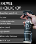Hand holding 16 oz bottle of Graphene Tire Dressing for Deep Black Satin Finish, Non Greasy Car Detailing Solution That Locks Out Water and Dirt