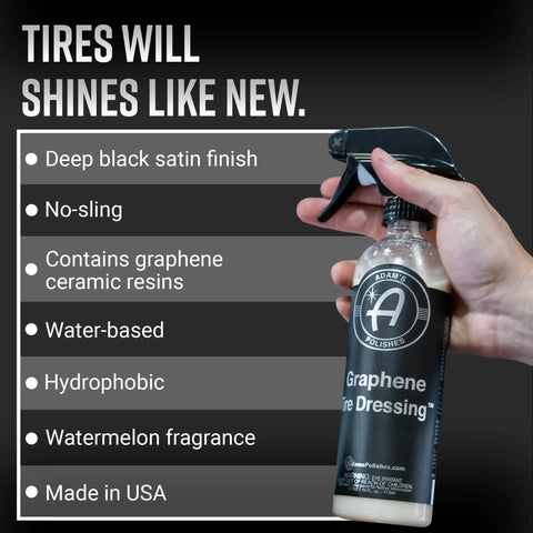 Hand holding 16 oz bottle of Graphene Tire Dressing for Deep Black Satin Finish, Non Greasy Car Detailing Solution That Locks Out Water and Dirt