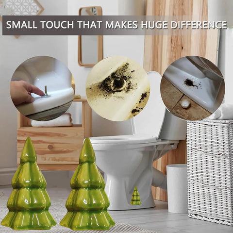 Set Of Two Green Christmas Tree Toilet Bolt Covers That Snaps Right On In Seconds And Brings Hella Cute Holiday Bathroom Decor To Any Home While Keeping Ugly Bolts Straight Outta Sight All Season Long, displayed by toilet.