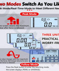 Smart Digital Torque Meter Tool For Precision Torque Testing Portable Torsion Cap Gauge Wrench Calibrator And Torque Tester With Peak And Follow Modes Unit Conversion Works On Various Shapes High Accuracy About 0.5 Percent Full Scale Performance showing peak and follow modes