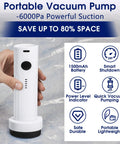 Front view of white handheld cordless vacuum pump with black base, used for storage bag compression.