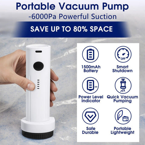 Front view of white handheld cordless vacuum pump with black base, used for storage bag compression.
