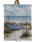 Coastal Boat Blanket Cozy Flannel Throw for Couch and Bed, Ocean View Art in Blues and Sandy Beiges, Perfect Gift for Sea Lovers Women and Adults, 60 by 50 Inches with beach scene