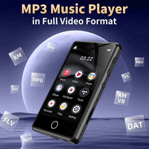 Kids Bluetooth MP3 Player With 80GB Memory, Portable HiFi Sound displaying menu icons against a cosmic backdrop.
