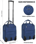 Blue Underseat 16-Inch Carry-On Luggage With Wheels, Softside design, water-repellent fabric, protective strap, size reference shown.