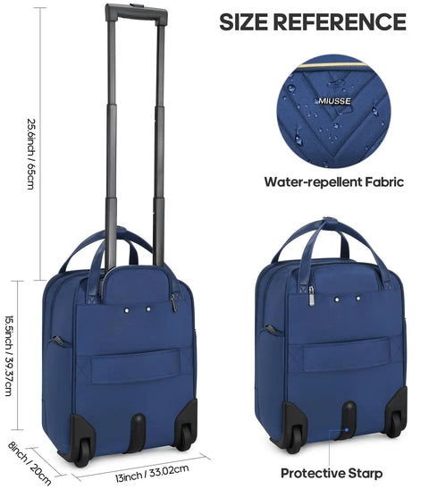 Blue Underseat 16-Inch Carry-On Luggage With Wheels, Softside design, water-repellent fabric, protective strap, size reference shown.