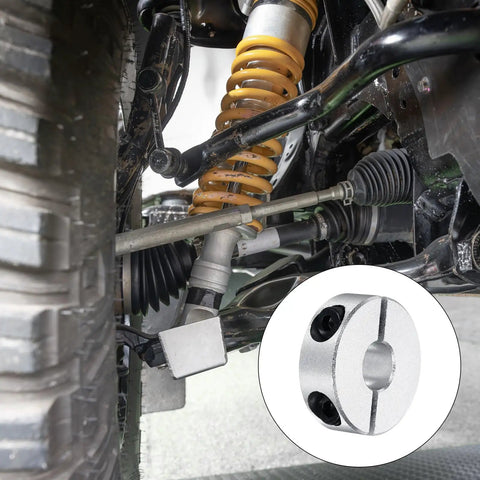 Aluminum Double Split Shaft Collar Set With Ten Millimeter Bore And Three Eighths Inch Bore Clamp Collar With Set Screws Four Pack For Motor Bases Drive Shafts Machine Tools And Industrial Automation, fitted on suspension linkage