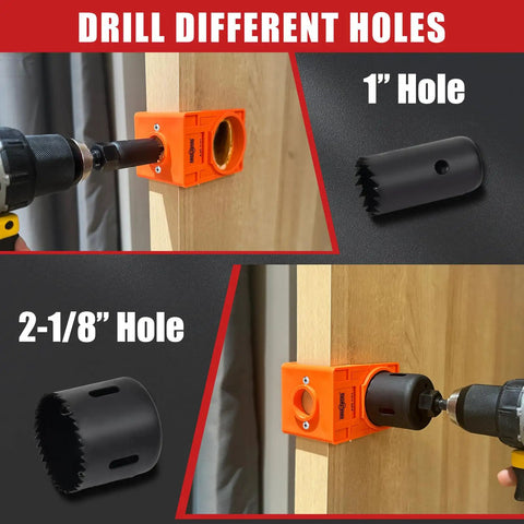 Door Lock Installation Kit With High Carbon Steel Hole Saw Set for Wooden Doors showing drill operation and hole sizes