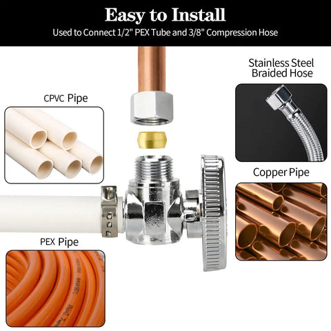 Solid As A Rock 2 Pack Quarter Turn Angle Stop Valves For Sink And Faucet Lines Premium Chrome Plated Brass No Sweat Swapping Plumbing Hardware Heavy Duty Supply Line Shut Off Valves with PEX and copper pipes.