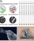 White Charcoal Pencils Set, 10 Pcs For Dark Paper Sketching, Shading, Blending And Highlighting, diagrams and illustrations shown.