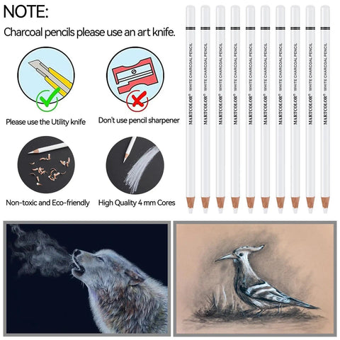 White Charcoal Pencils Set, 10 Pcs For Dark Paper Sketching, Shading, Blending And Highlighting, diagrams and illustrations shown.