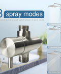 All Metal 3 Way Shower Arm Diverter Valve With 16 Inch Shower Head Extension Arm And High Rise Extender G1/2 Universal shown with 3 spray modes.