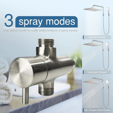 All Metal 3 Way Shower Arm Diverter Valve With 16 Inch Shower Head Extension Arm And High Rise Extender G1/2 Universal shown with 3 spray modes.