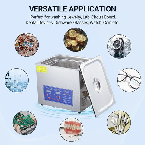 Bad Ass Industrial 10 Liter Heated Ultrasonic Parts Washer 240 Watt 40 KHz for cleaning jewelry, dental tools, circuit boards,