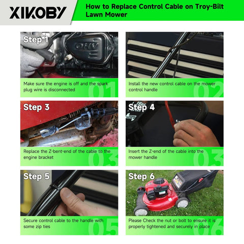 XIKOBY control cable installation guide for Troy-Bilt/MTD lawn mower; six steps.