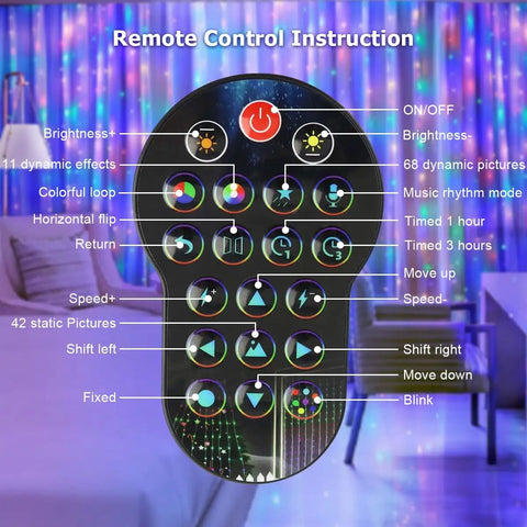 Remote control and instructions for Programmable Colorful Smart LED Window Curtain Lights With APP Control IP65 Waterproof 400 RGB LEDs