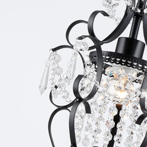 Close-up of Plug In Mini Black Chandelier Hanging Light With Cord Switch Perfect For Bedroom Living Room And Dining Room Ceiling Fixture 11 Inches By 15 Inches With One Meter Chain Uses E26 Bulb Base Not Included 110V, showing crystal accents.