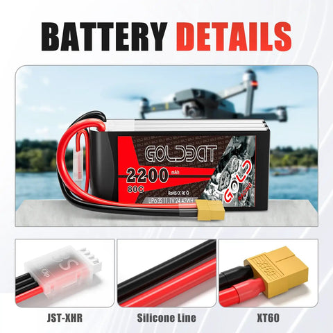 3S 11.1V LiPo Battery 2200mAh 80C XT60 Connector Twin Pack For RC Cars Boats Drones FPV Quadcopter Airplane Starter Kit