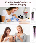 Kickass Cordless Nail Drill And Electric File Kit With Variable Speed And Forward Reverse Function used by women for manicures.