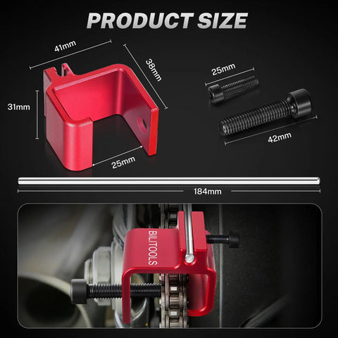 Aluminum Motorcycle Chain Alignment Tool with measurements, red aluminum construction, for Motorcycles ATVs Dirt Bikes and Scooters