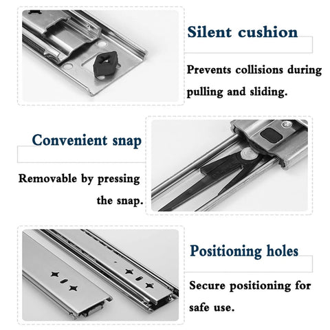 Top Shelf Heavy Duty Drawer Slides For Dining Tables And Cabinets Full Extension Runner Rails with silent cushion and positioning holes.
