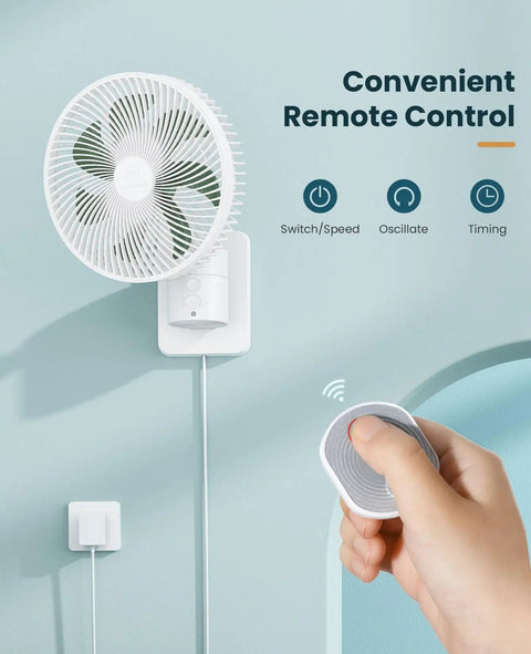 Dope 8 Inch Wall Mounted Fan With Remote, 90 Degree Oscillation, Four Speed Settings, Quiet Operation, Adjustable Tilt, 70 Inch Cord, Timer